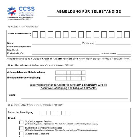 Aperçu du document de Abmeldung für Selbständige — Securite sociale, Luxembourg (CERFA n°ccss-formulaire-independant-sortie)