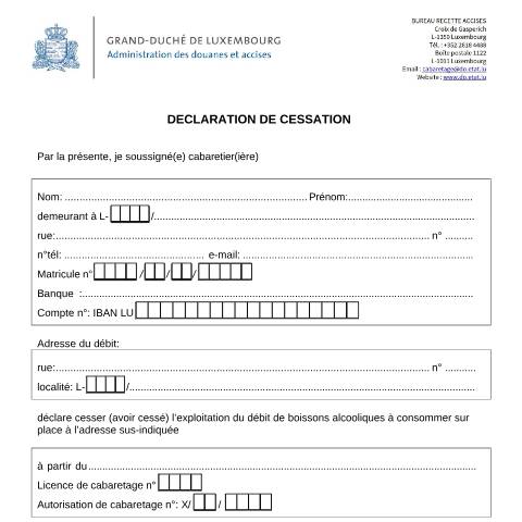 Aperçu du document Déclaration de cessation — Horeca, Luxembourg (CERFA n°cessation)