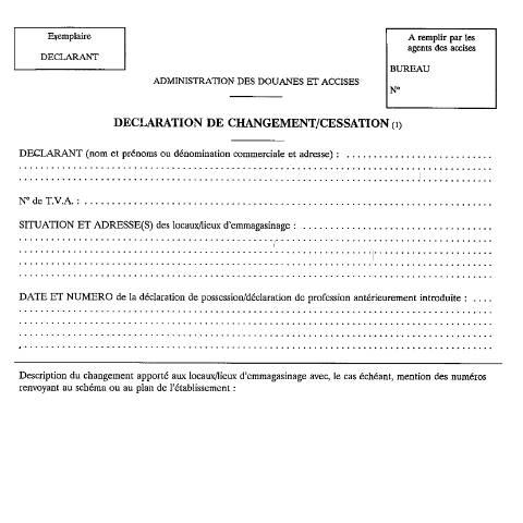 Aperçu du document 109: Déclaration de changement / cessation — Alcool et boissons alcoolisées, Belgique (CERFA n°ACC_FORM_109 FR-2017-03-20)
