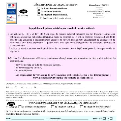Aperçu du document Déclaration de changement de situation au centre du service national et de la jeunesse (CSNJ) — Particuliers, France (CERFA n°11718*05)