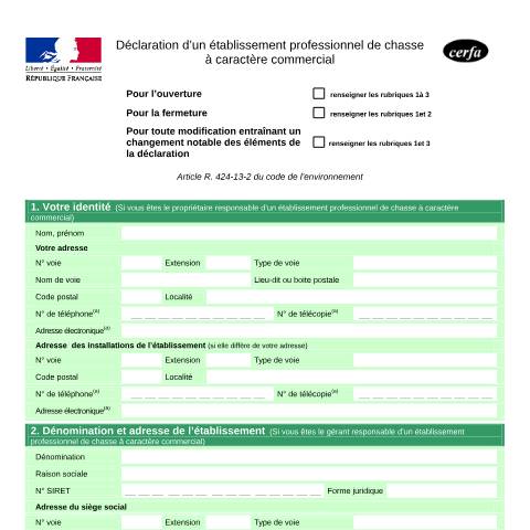 Aperçu du document Déclaration d'un établissement professionnel de chasse à caractère commercial — Professionnels, France (CERFA n°14995*01)