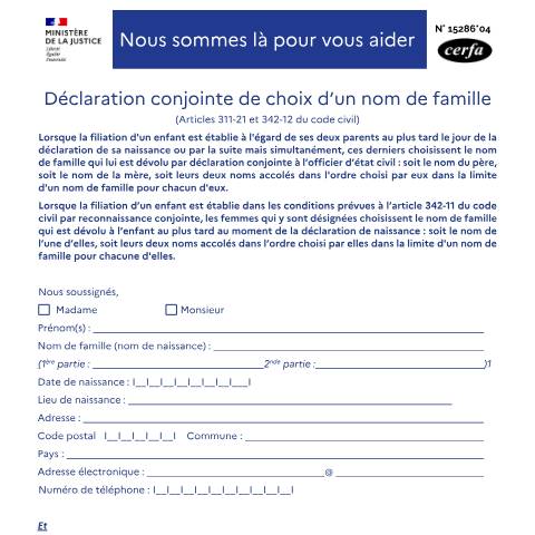 Aperçu du document Déclaration conjointe de choix d'un nom de famille — Particuliers, France (CERFA n°15286*04)
