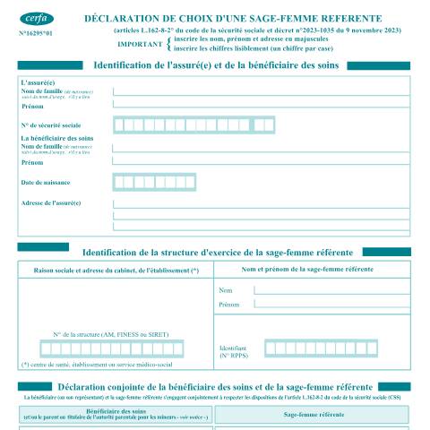 Aperçu du document Déclaration de choix d'une sage-femme référente — Particuliers, France (CERFA n°16295*01)