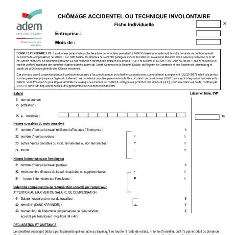 Aperçu du document Chômage accidentel ou technique involontaire - Fiche individuelle — Chomage, Luxembourg (CERFA n°Fiche-individuelle-CHO-acc-tech)