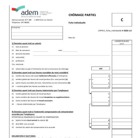 Aperçu du document Chômage partiel - fiche individuelle sans formation — Chomage, Luxembourg (CERFA n°CHP411-fiche-individuelle)