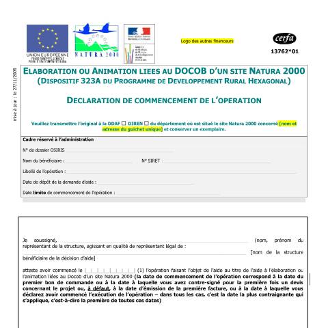 Aperçu du document Élaboration ou animation liées au Docob d'un site Natura 2000 - Déclaration de commencement de l'opération — Professionnels, France (CERFA n°13762*01)