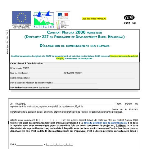 Aperçu du document Contrat Natura 2000 forestier - Déclaration de commencement de travaux — Professionnels, France (CERFA n°13761*01)