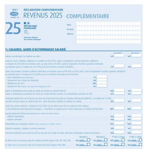 Aperçu du document Déclaration complémentaire 2026 des revenus 2025 — Particuliers, France (CERFA n°11222)