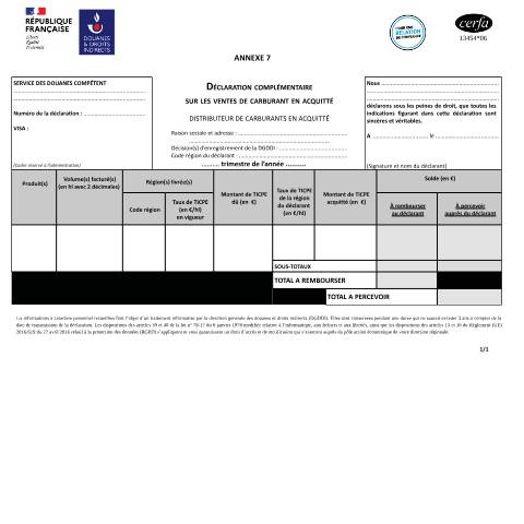 Aperçu du document Déclaration complémentaire sur les ventes de carburants en acquitté — Professionnels, France (CERFA n°13454*06)