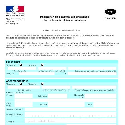 Aperçu du document Déclaration de conduite accompagnée d'un bateau de plaisance à moteur — Particuliers, France (CERFA n°14675*01)