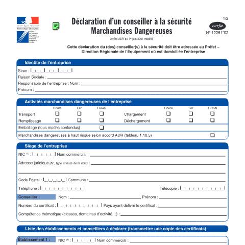 Aperçu du document Déclaration d'un conseiller à la sécurité pour le transport de marchandises dangereuses — Professionnels, France (CERFA n°12251*02)