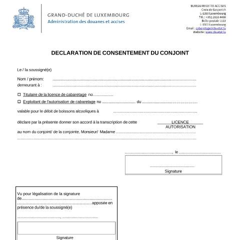 Aperçu du document Déclaration de consentement du conjoint — Horeca, Luxembourg (CERFA n°consentement-conjoint)