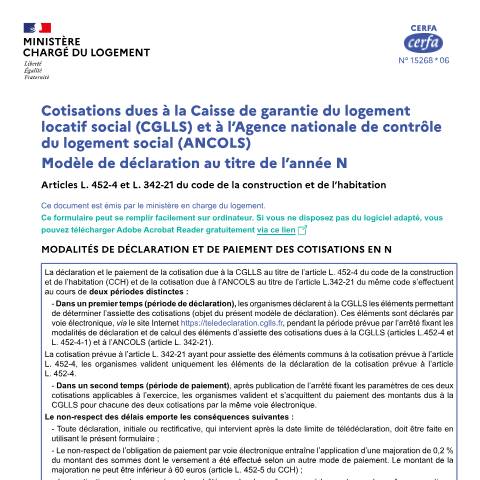 Aperçu du document Cotisation due à la Caisse de garantie du logement locatif social — Particuliers, France (CERFA n°15268*06)