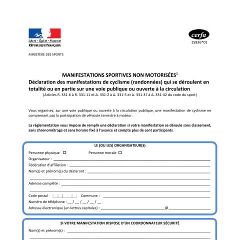 Aperçu du document Déclaration d'une course cycliste non chronométrée sur la voie publique — Particuliers, France (CERFA n°15826*01)
