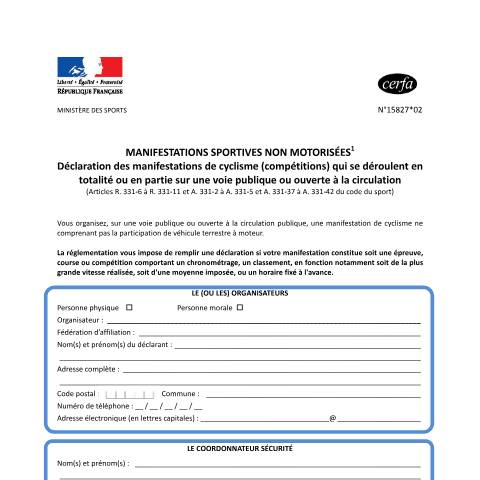 Aperçu du document Déclaration d'une course cycliste chronométrée sur la voie publique — Particuliers, France (CERFA n°15827*01)