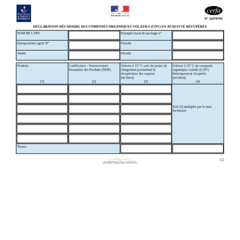 Aperçu du document Déclaration décadaire des composés organiques volatils (COV) en acquittés récupérés — Professionnels, France (CERFA n°11070*03)