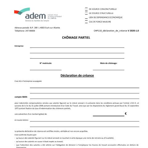 Aperçu du document Chômage partiel - déclaration de créance — Chomage, Luxembourg (CERFA n°CHP111-declaration-de-creance)