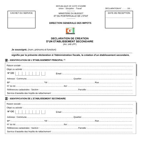 Aperçu du document DECLARATION CREATION ETABLISSEMENT SECONDAIRE — Imprimé / Formulaire fiscal, Côte d'Ivoire