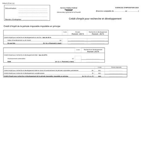 Aperçu du document Crédit d'impôt pour recherche et développement (PDF, 180.3 Ko) — SPF Finances, Belgique (CERFA n°121-275-w)