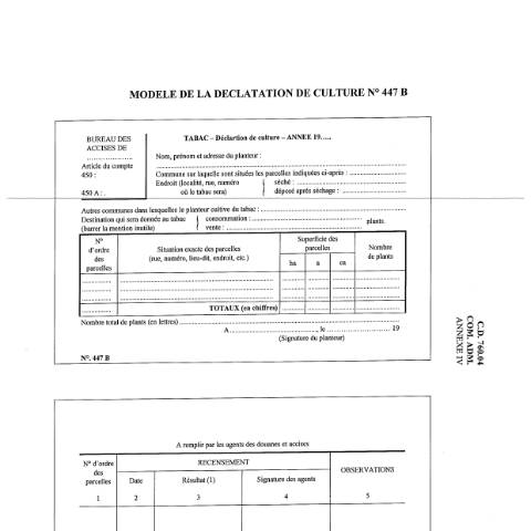 Aperçu du document Modèle déclaration de culture N° 447B — Producteurs de tabac, Belgique (CERFA n°ACC_FORM_Declaration de culture 447B-2017-03-20)