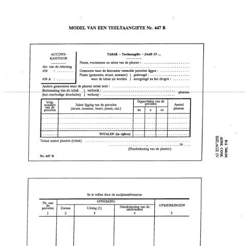 Aperçu du document Model van een teeltaangifte Nr. 447B — Tabaksfabrikaten, Belgique (CERFA n°ACC_FORM_Teeltaangifte-447B-17-03-2017)
