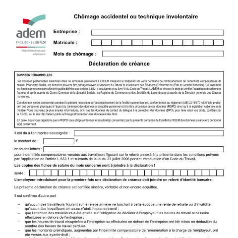 Aperçu du document Chômage accidentel ou technique involontaire - Déclaration de créance — Chomage, Luxembourg (CERFA n°CHOM-accidentel-tech-creance)
