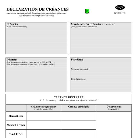 Aperçu du document Déclaration de créances — Professionnels, France (CERFA n°10021*01)