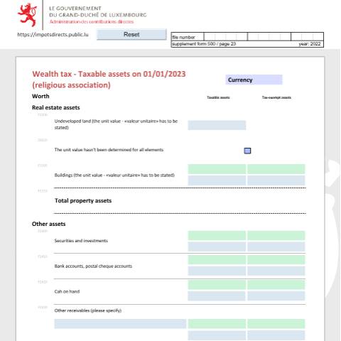 Aperçu du document Déclaration de la fortune d'une association religieuse Vermögenserklärung einer religiösen Vereinigung Net worth tax return of a religious association — Déclarations téléchargeables au format PDF (pour les années 2021 à 2025), Luxembourg (CERFA n°arf-e)