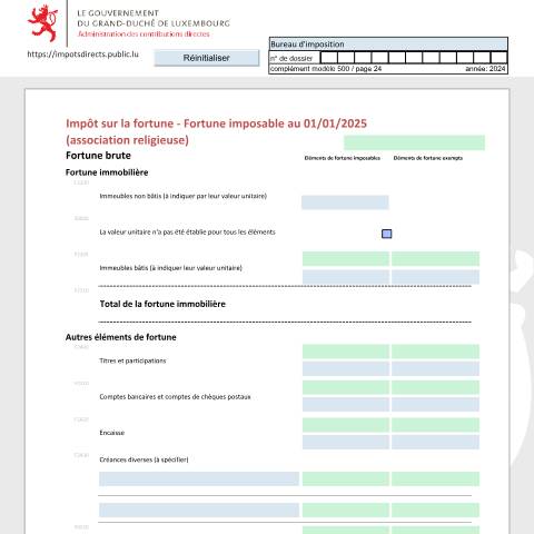 Aperçu du document Déclaration de la fortune d'une association religieuse Vermögenserklärung einer religiösen Vereinigung Net worth tax return of a religious association — Déclarations téléchargeables au format PDF (pour les années 2021 à 2025), Luxembourg (CERFA n°ARF_F)