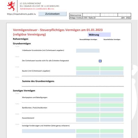 Aperçu du document Déclaration de la fortune d'une association religieuse Vermögenserklärung einer religiösen Vereinigung Net worth tax return of a religious association — Déclarations téléchargeables au format PDF (pour les années 2021 à 2025), Luxembourg (CERFA n°arf-d)