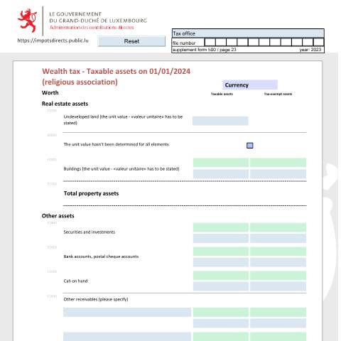 Aperçu du document Déclaration de la fortune d'une association religieuse Vermögenserklärung einer religiösen Vereinigung Net worth tax return of a religious association — Déclarations téléchargeables au format PDF (pour les années 2021 à 2025), Luxembourg (CERFA n°arf-e)