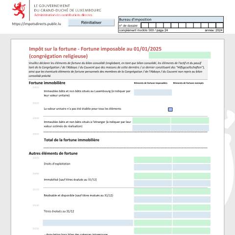 Aperçu du document Déclaration de la fortune d'une congrégation religieuse Vermögenserklärung einer religiösen Ordensgemeinschaft Net worth tax return of a religious congregation — Déclarations téléchargeables au format PDF (pour les années 2021 à 2025), Luxembourg (CERFA n°CRF_F)