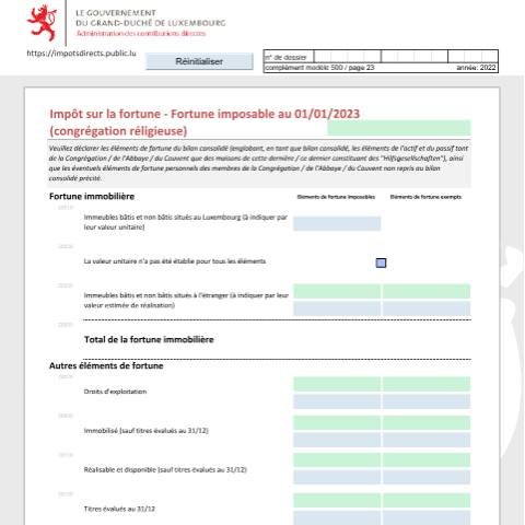 Aperçu du document Déclaration de la fortune d'une congrégation religieuse Vermögenserklärung einer religiösen Ordensgemeinschaft Net worth tax return of a religious congregation — Déclarations téléchargeables au format PDF (pour les années 2021 à 2025), Luxembourg (CERFA n°crf)