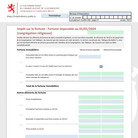 Aperçu du document Déclaration de la fortune d'une congrégation religieuse Vermögenserklärung einer religiösen Ordensgemeinschaft Net worth tax return of a religious congregation — Déclarations téléchargeables au format PDF (pour les années 2021 à 2025), Luxembourg (CERFA n°crf-f)