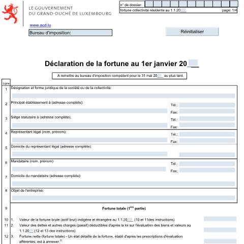 Aperçu du document Déclaration de la fortune (Personnes morales) — Impôt sur la fortune, Luxembourg (CERFA n°Fort. 2 F)