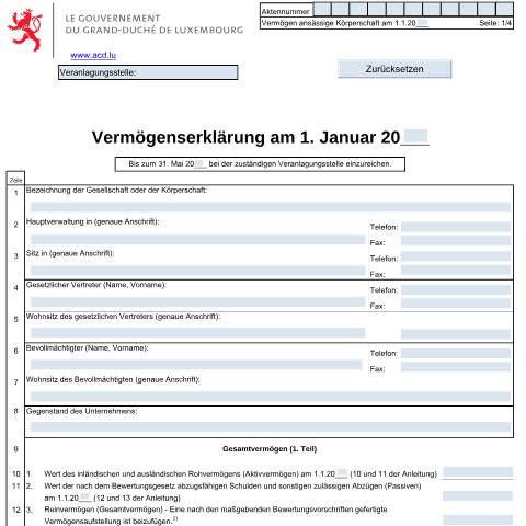 Aperçu du document Vermögenserklärung (Juristische Personen) — Impôt sur la fortune, Luxembourg (CERFA n°Fort. 2 D)