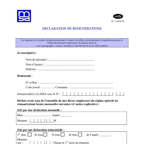Aperçu du document Déclaration de rémunérations pour les employeurs relevant du régime agricole — Professionnels, France (CERFA n°11834*01)