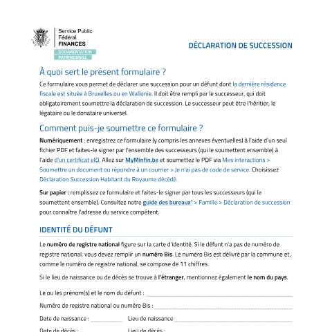 Aperçu du document Formulaire « Déclaration de succession » pour la Région de Bruxelles-Capitale — Le défunt résidait dans la Région de Bruxelles-Capitale, Belgique (CERFA n°20260115-187-declaration-succession-impression)