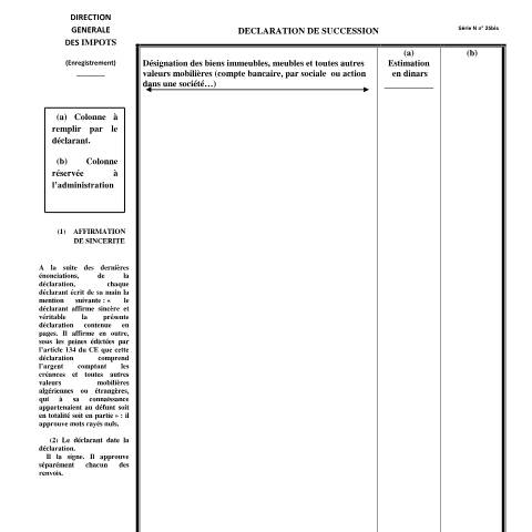 Aperçu du document Formulaire Succession N°25 bis — Formulaires de déclaration, Algérie (CERFA n°Formulaire Succession N25 bis)