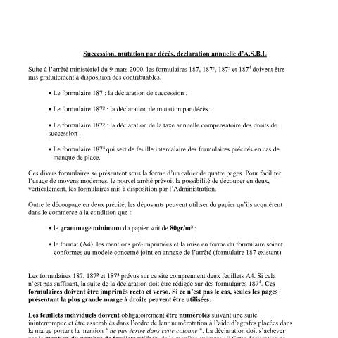 Aperçu du document Formulaire « Déclaration de succession avec fil conducteur » pour la Région wallonne pour les décès jusqu’au 31.12.2021 — Le défunt résidait dans la Région wallonne, Belgique (CERFA n°2K_0000187L_FR_2011 Région wallonne - décès jusqu'au 20211231 (=Région Bxl))