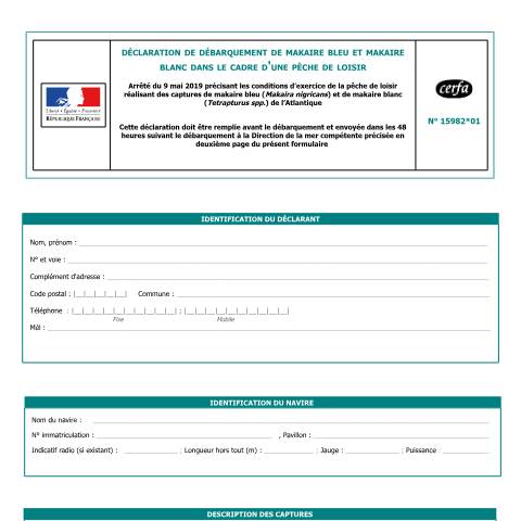 Aperçu du document Déclaration de débarquement de makaire bleu et makaire blanc dans le cadre d'une pêche de loisir — Particuliers, France (CERFA n°15982*01)