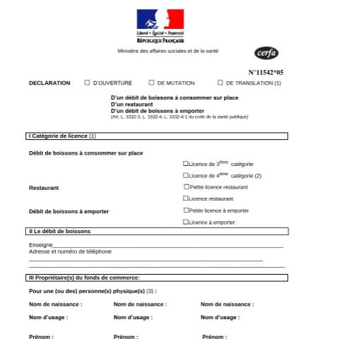 Aperçu du document Déclaration d'un restaurant ou d'un débit de boissons à consommer sur place ou à emporter — Particuliers, France (CERFA n°11542*05)