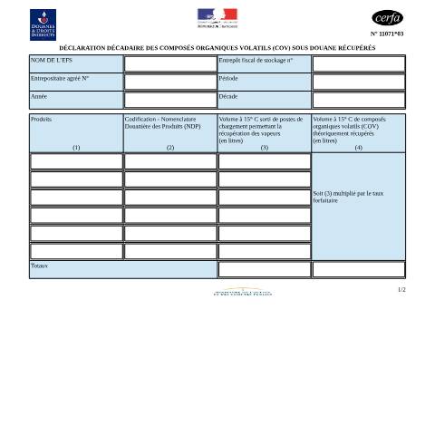 Aperçu du document Déclaration décadaire des composés organiques volatils (COV) sous douane récupérés — Professionnels, France (CERFA n°11071*03)