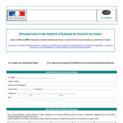 Aperçu du document Déclaration d'une densité d'élevage de poulets de chair — Professionnels, France (CERFA n°14148*02)