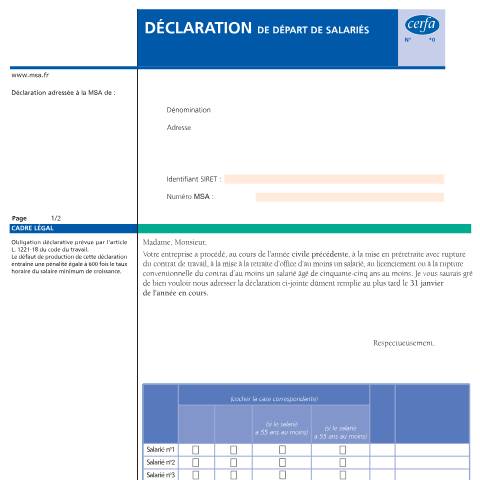Aperçu du document Déclaration de départ de salariés agricoles — Professionnels, France (CERFA n°13799*02)