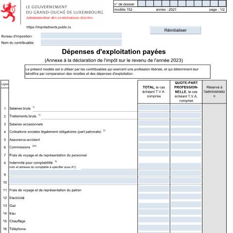 Aperçu du document Dépenses d’exploitation payées (professions libérales) — Annexes, Luxembourg (CERFA n°152)