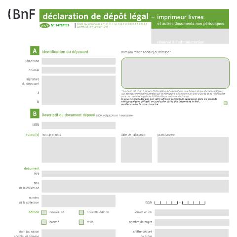Aperçu du document Déclaration de dépôt légal - Imprimeur livres et autres documents non périodiques — Professionnels, France (CERFA n°14784*01)