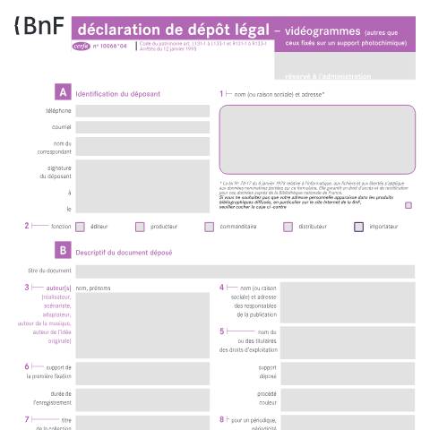 Aperçu du document Déclaration de dépôt légal - Vidéogrammes — Professionnels, France (CERFA n°10066*04)