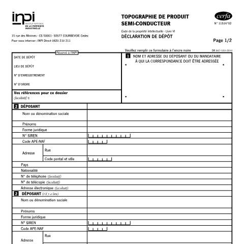 Aperçu du document Déclaration de dépôt (Topographies de produits semi-conducteurs TPS) — Professionnels, France (CERFA n°11516*02)