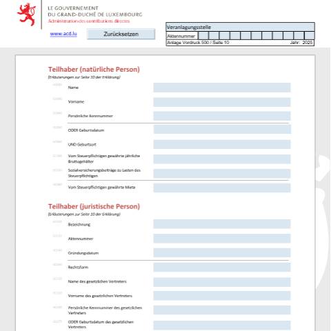 Aperçu du document Associé (personne physique et personne morale) Teilhaber (natürliche Person und juristische Person) Shareholder (physical person and moral person) — Déclarations téléchargeables au format PDF (pour les années 2021 à 2025), Luxembourg (CERFA n°assd)